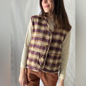 Vintage Plaid Wool Blend Button Front Vest Earth Tone Layered Folk Style